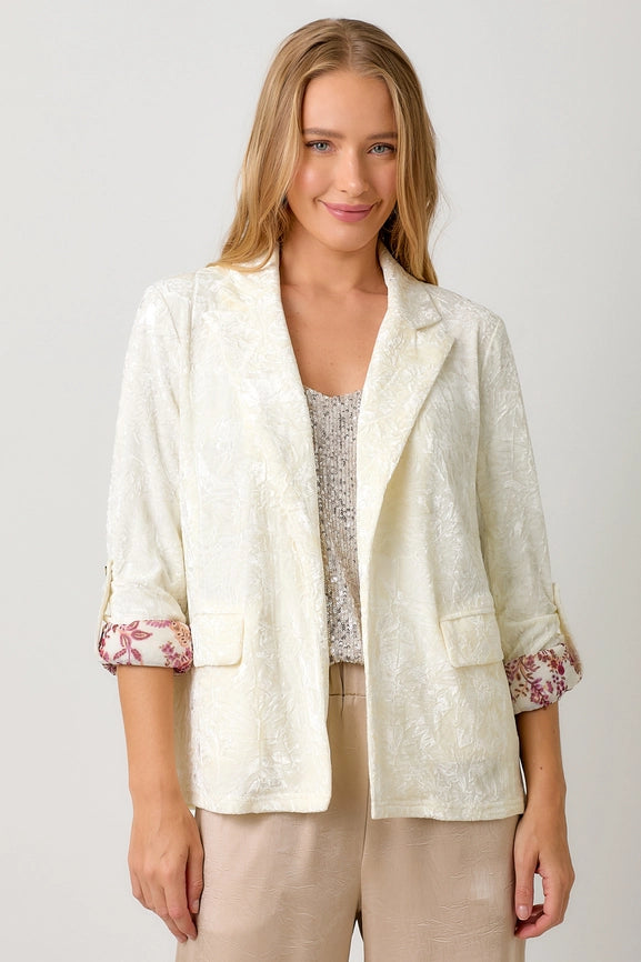 Rolled Sleeve Velvet Blazer Ivory-Blazer-Mystree-S-Urbanheer