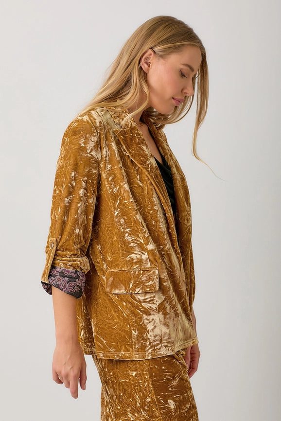 Rolled Sleeve Velvet Blazer Scotch Gold-Blazer-Mystree-S-Urbanheer