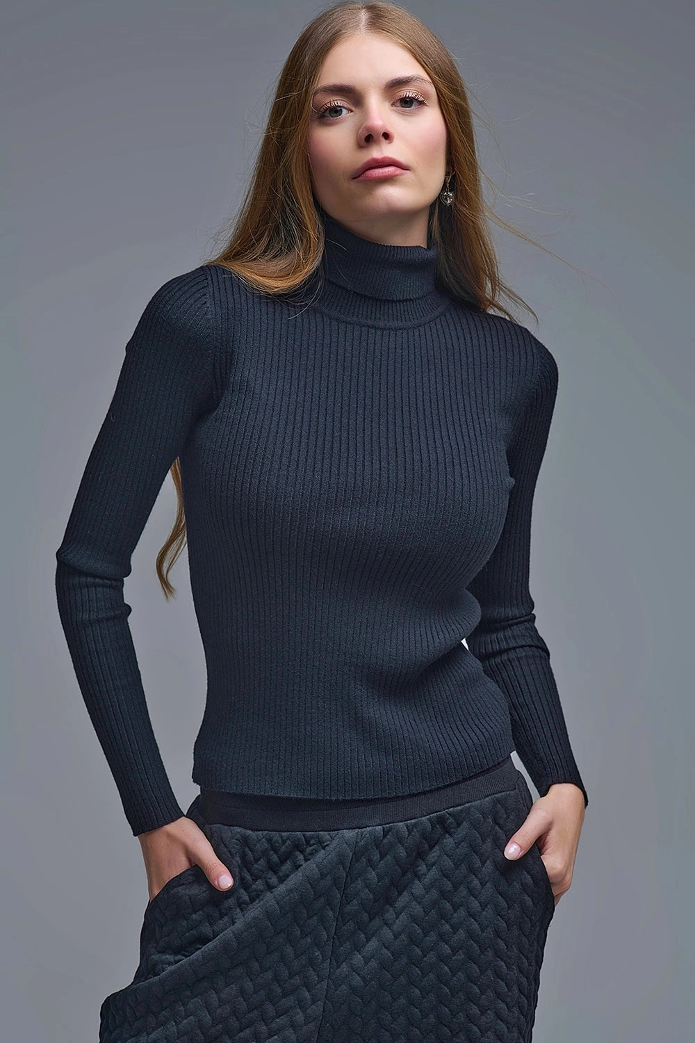 Rolled Turtle Neck Ribbed Sweater