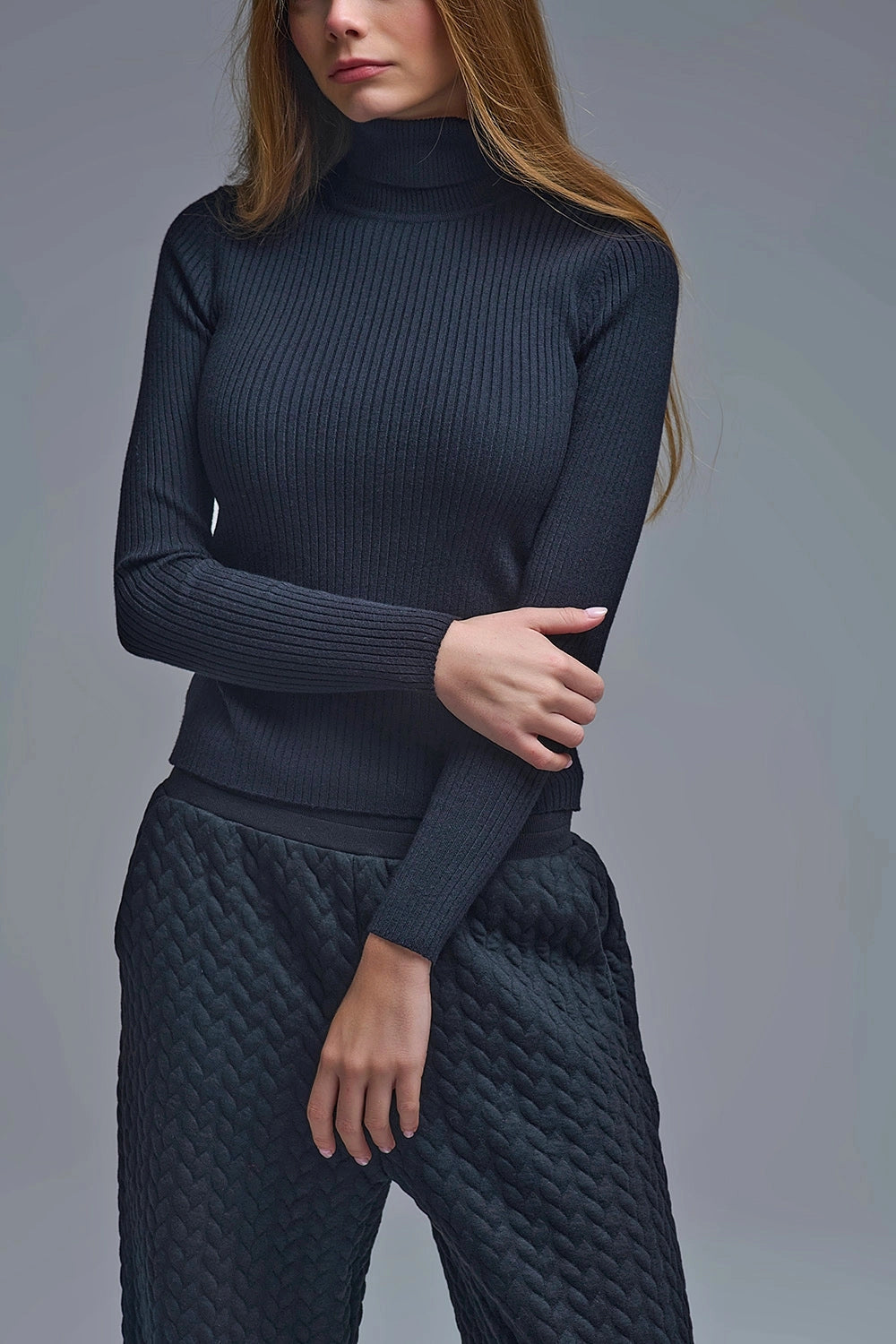 Rolled Turtle Neck Ribbed Sweater