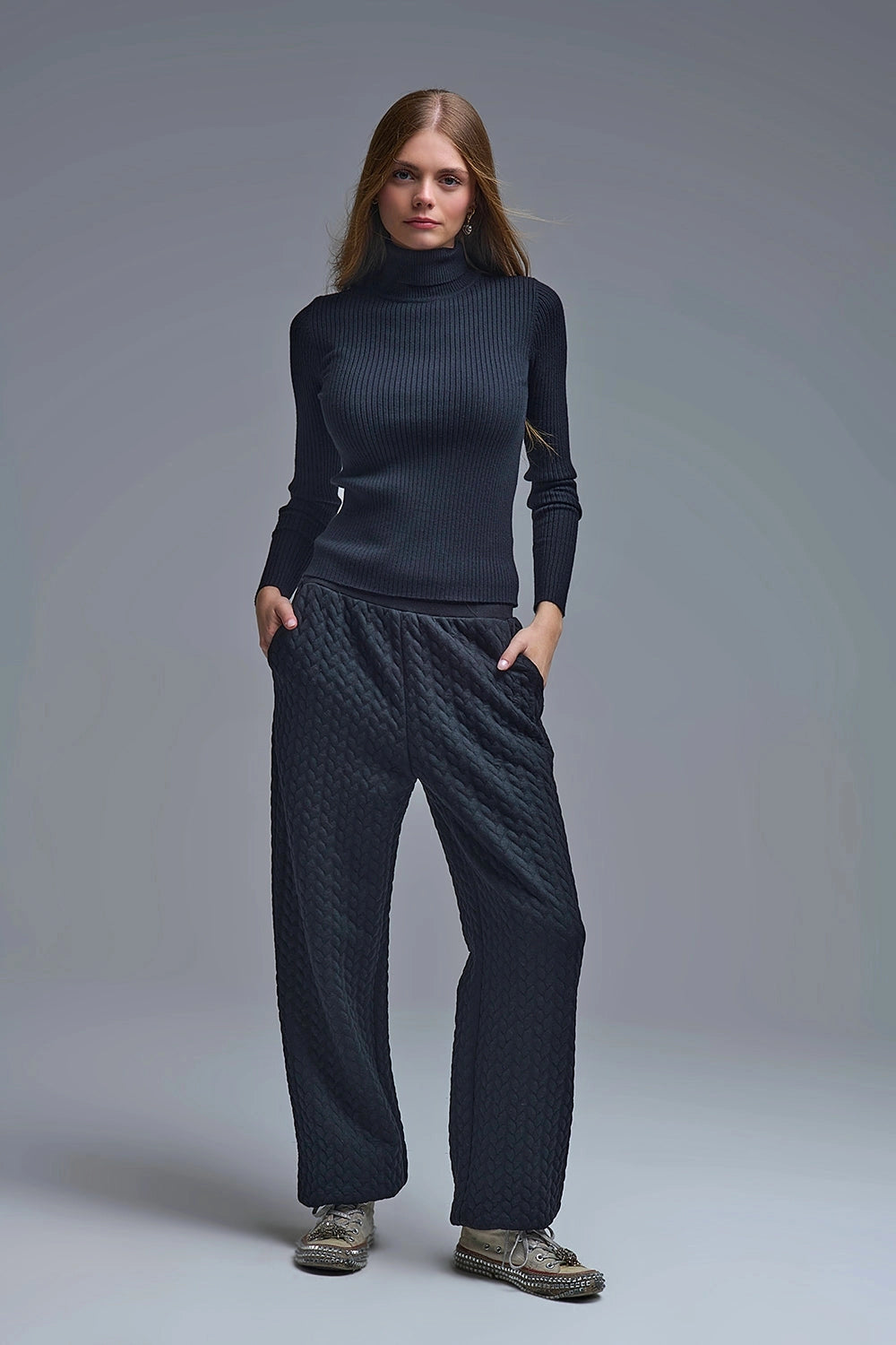 Rolled Turtle Neck Ribbed Sweater