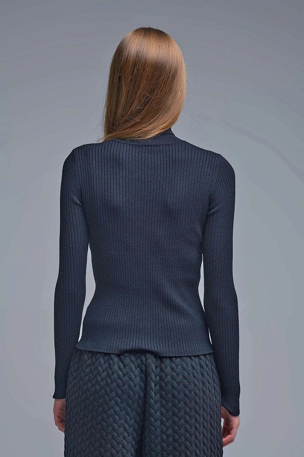 Rolled Turtle Neck Ribbed Sweater