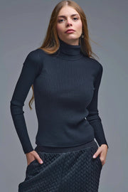 Rolled Turtle Neck Ribbed Sweater