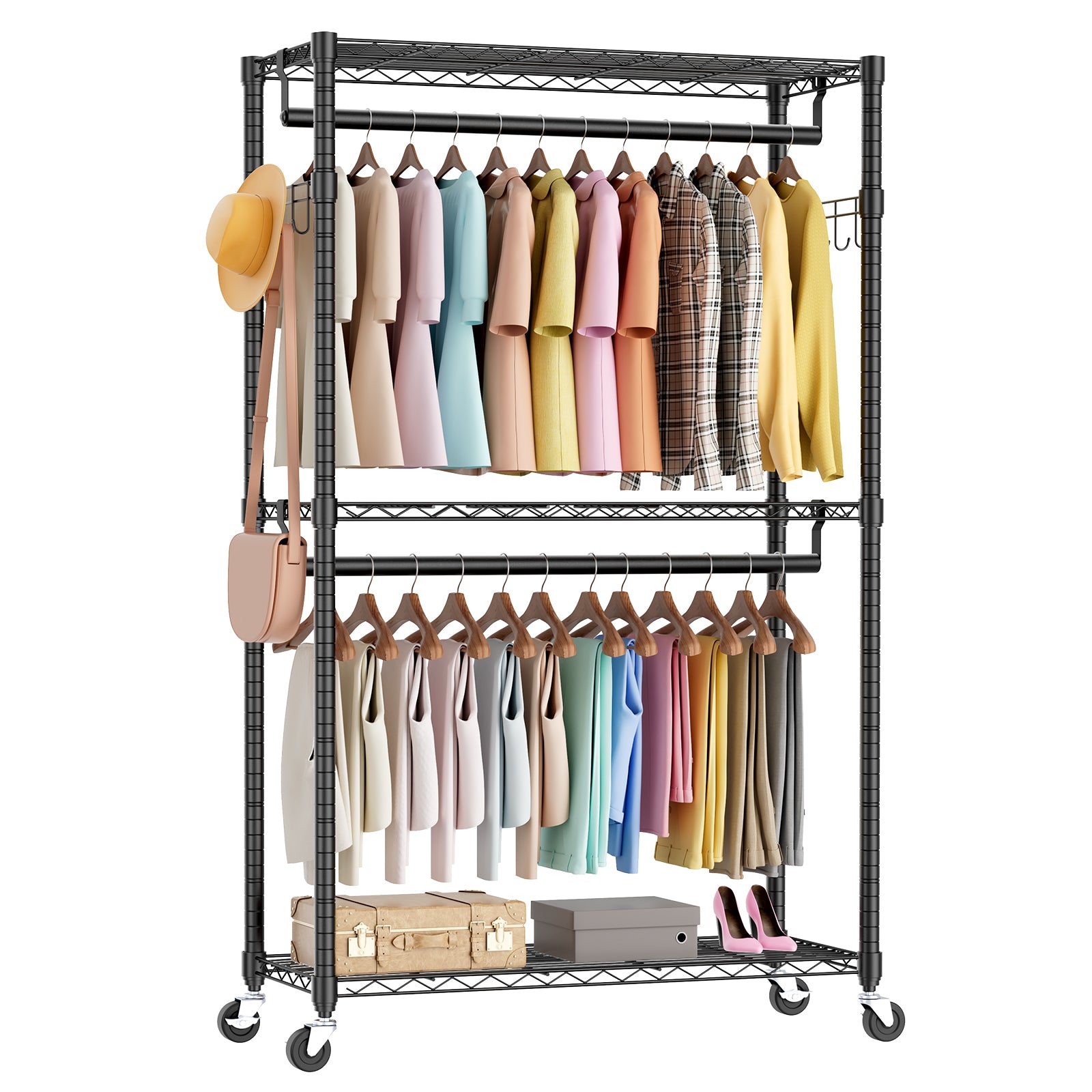 Rolling Clothes Rack, Heavy Duty Garment Racks 3 Tiers Portable Adjustable Wire Shelves with Wheels,-UH Decor-Default-Urbanheer