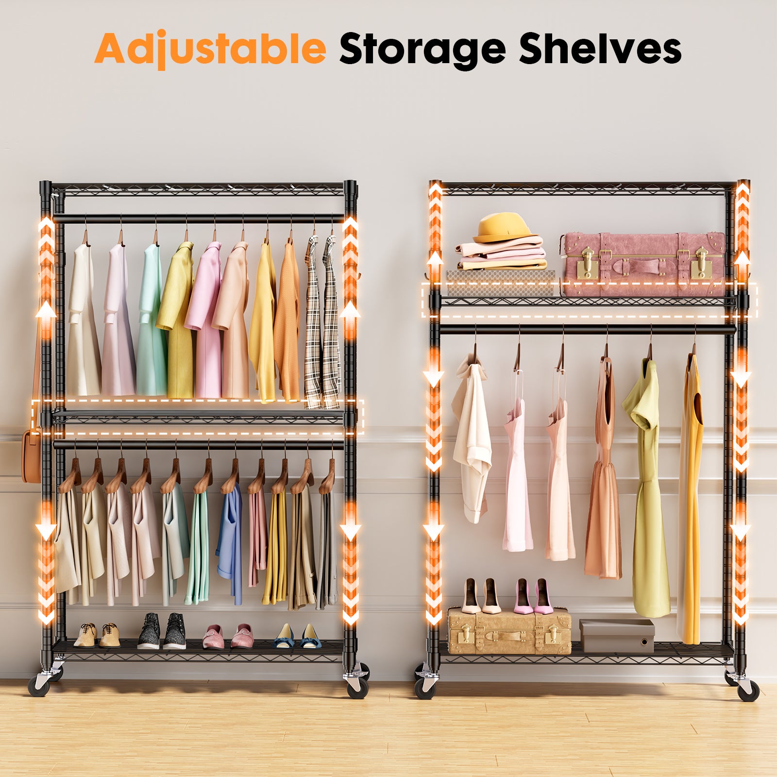 Rolling Clothes Rack, Heavy Duty Garment Racks 3 Tiers Portable Adjustable Wire Shelves with Wheels,-UH Decor-Default-Urbanheer