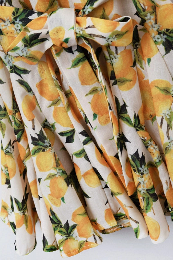 Romantic Dress with Waistband and Lemon Print and Short Sleeves-Dress-Q2-S-YELLOW-Urbanheer