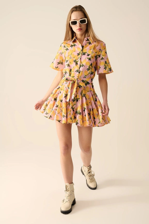 Romantic Dress with Waistband and Lemon Print and Short Sleeves in Pink-Dress-Q2-S-PINK-Urbanheer