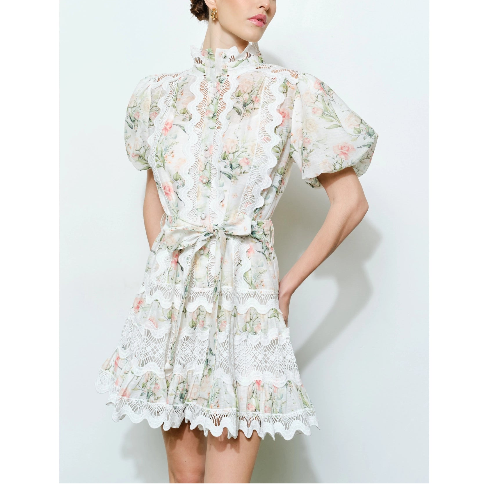 Romantic Floral Lace Mock Neck Mini Dress