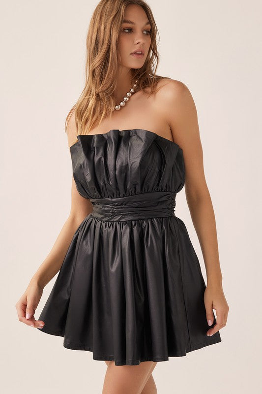 Romantic Pleated Off Shoulder Leather Mini Dress Black-Dress-idem ditto-S-Black-Urbanheer