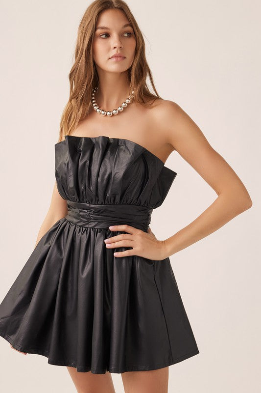 Romantic Pleated Off Shoulder Leather Mini Dress Black-Dress-idem ditto-S-Black-Urbanheer