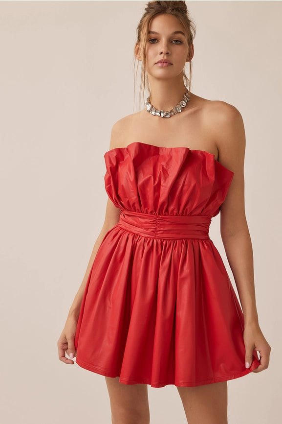 Romantic Pleated Off Shoulder Leather Mini Dress Red-Dress-idem ditto-S-Red-Urbanheer