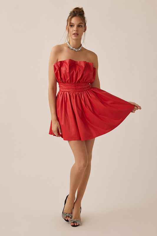 Romantic Pleated Off Shoulder Leather Mini Dress Red-Dress-idem ditto-S-Red-Urbanheer