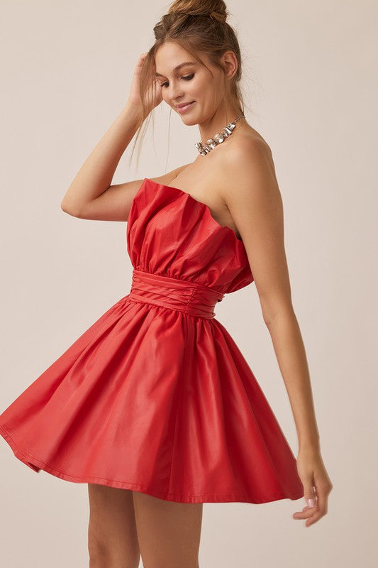 Romantic Pleated Off Shoulder Leather Mini Dress Red-Dress-idem ditto-S-Red-Urbanheer