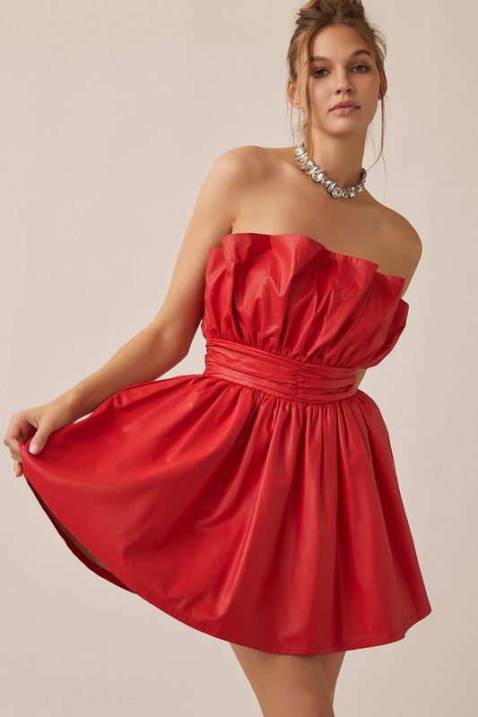 Romantic Pleated Off Shoulder Leather Mini Dress Red-Dress-idem ditto-S-Red-Urbanheer