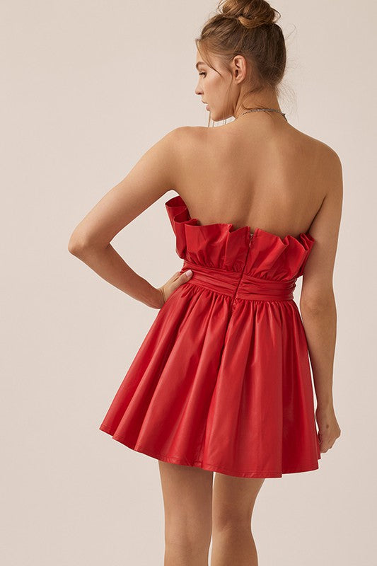 Romantic Pleated Off Shoulder Leather Mini Dress Red-Dress-idem ditto-S-Red-Urbanheer