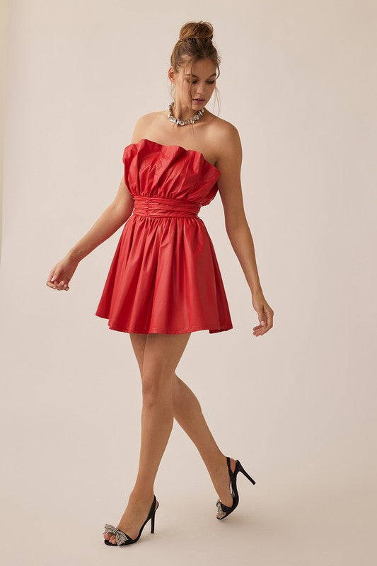Romantic Pleated Off Shoulder Leather Mini Dress Red-Dress-idem ditto-S-Red-Urbanheer