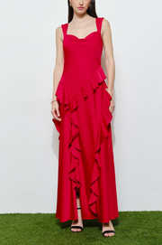 Romantic Soft Woven Sleeveless Slit Maxi Dress | Red