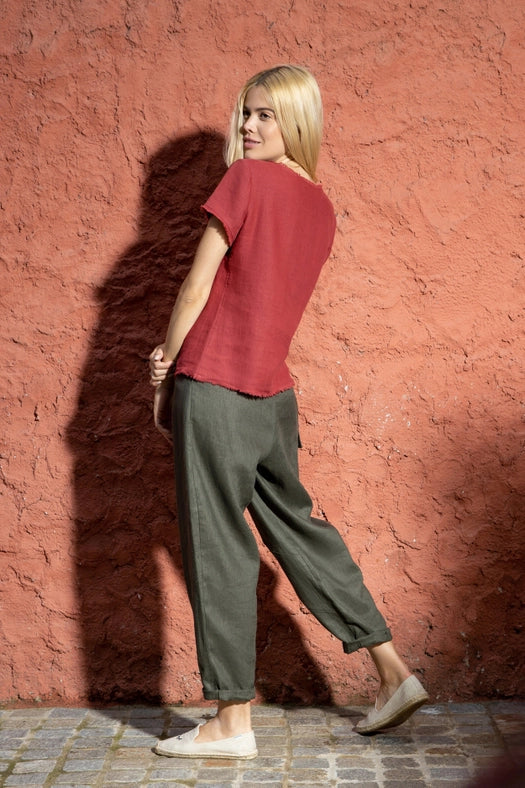 Rome Linen Top with Short Sleeves and Frayed Edges-Top-Truly Linen-XS-Red-Urbanheer