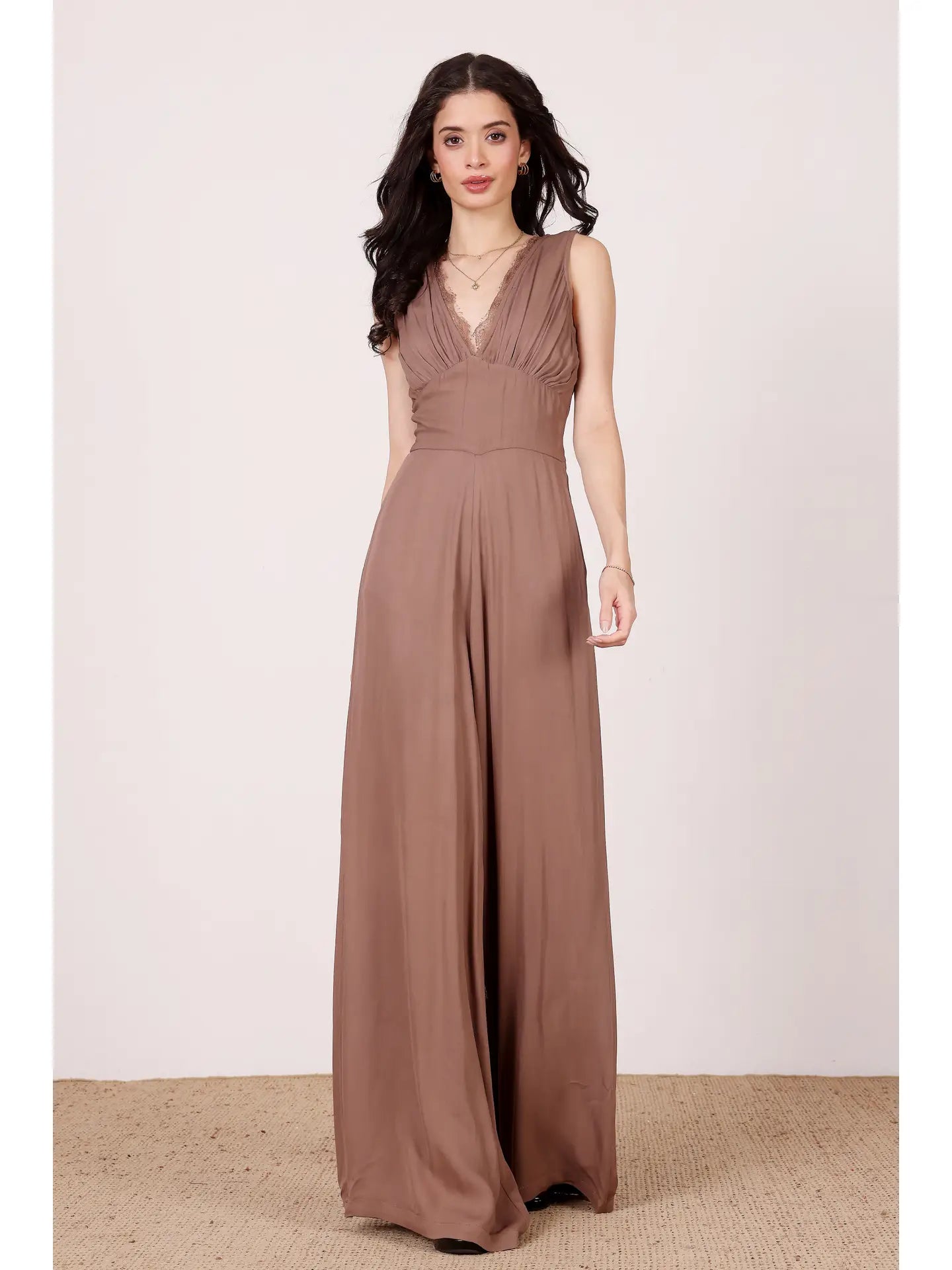 Ronnie Jumpsuit in Taupe with Lace Detail