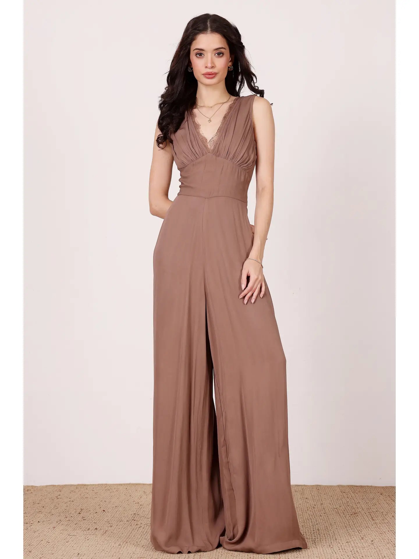 Ronnie Jumpsuit in Taupe with Lace Detail