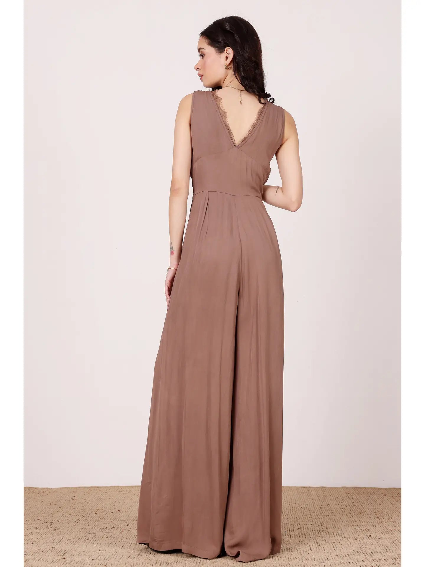 Ronnie Jumpsuit in Taupe with Lace Detail