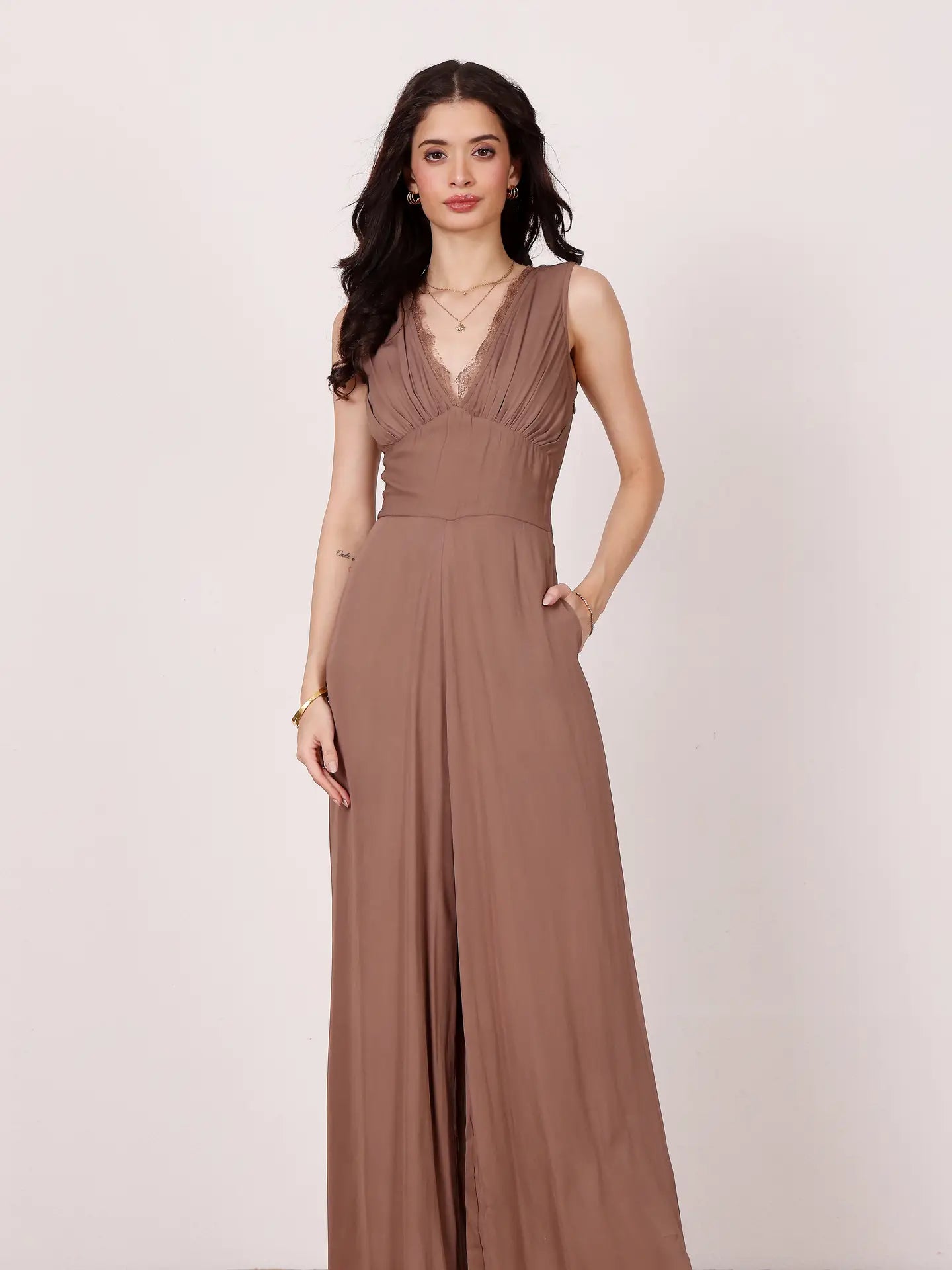 Ronnie Jumpsuit in Taupe with Lace Detail