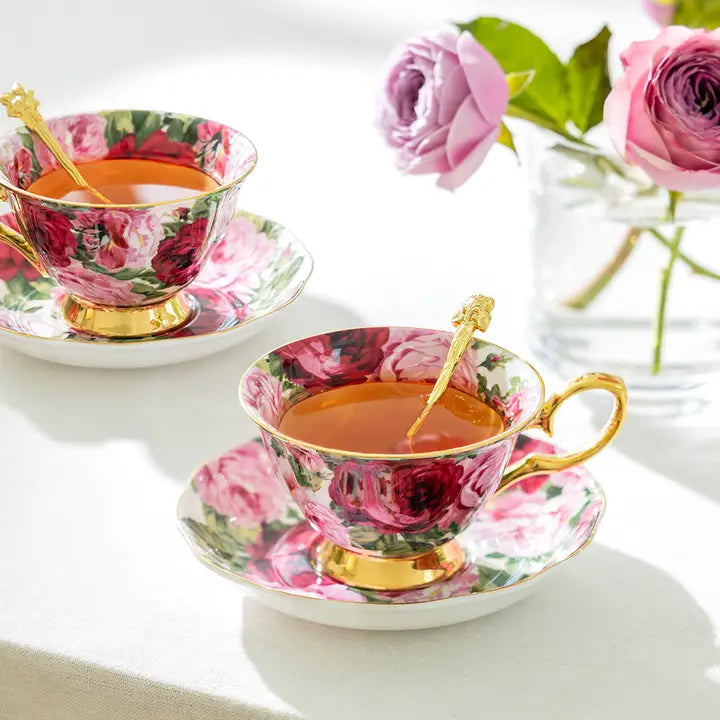 Rose Bloom Gold 7oz Bone China Tea Cup and Saucer One Set-Cups-Grace Teaware-2.5” Height x 5.25” Width x 4” Depth-7oz-Urbanheer