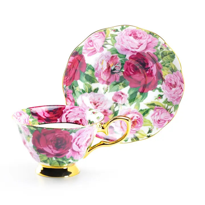 Rose Bloom Gold 7oz Bone China Tea Cup and Saucer One Set-Cups-Grace Teaware-2.5” Height x 5.25” Width x 4” Depth-7oz-Urbanheer