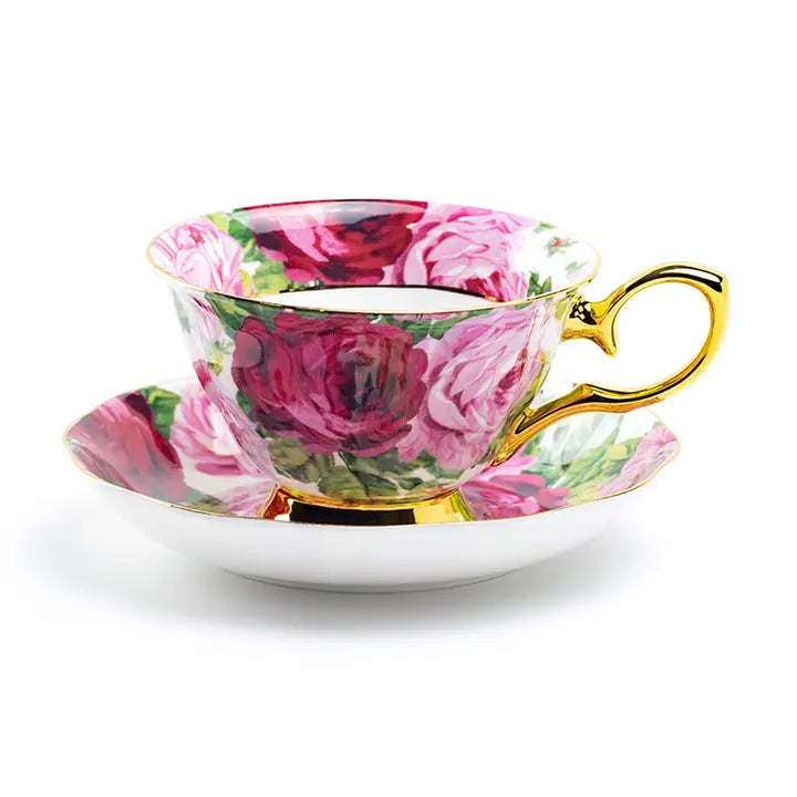 Rose Bloom Gold 7oz Bone China Tea Cup and Saucer One Set-Cups-Grace Teaware-2.5” Height x 5.25” Width x 4” Depth-7oz-Urbanheer