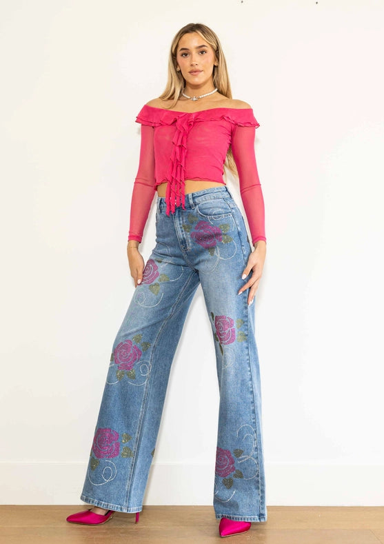 Rose Rhinestone Wide Jeans-Jeans-Vibrant M.i.U-1-Medium Stone-Urbanheer