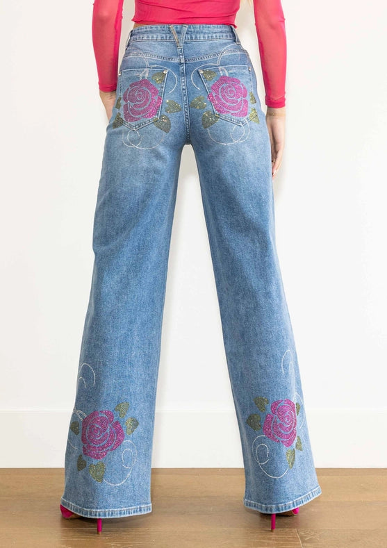 Rose Rhinestone Wide Jeans-Jeans-Vibrant M.i.U-1-Medium Stone-Urbanheer