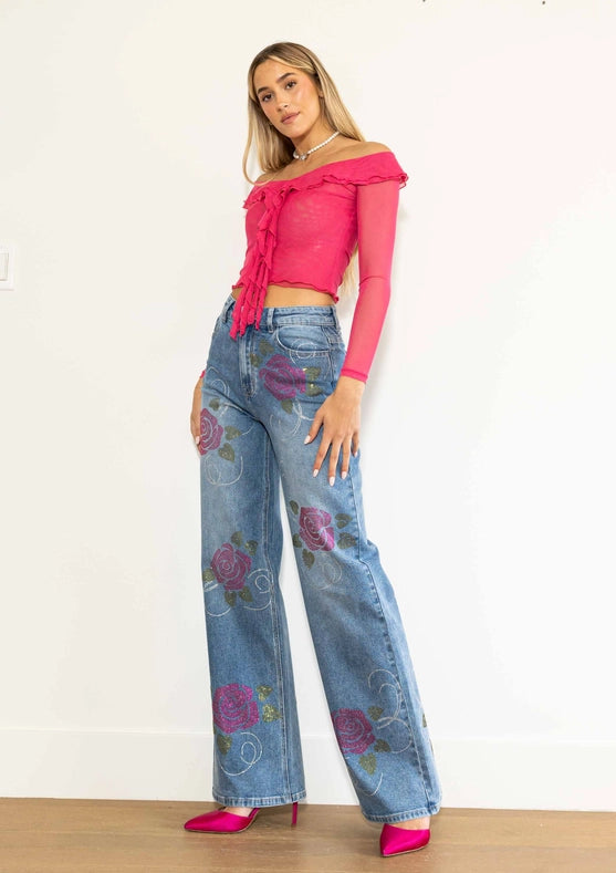 Rose Rhinestone Wide Jeans-Jeans-Vibrant M.i.U-1-Medium Stone-Urbanheer