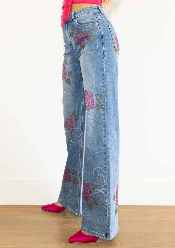 Rose Rhinestone Wide Jeans-Jeans-Vibrant M.i.U-1-Medium Stone-Urbanheer
