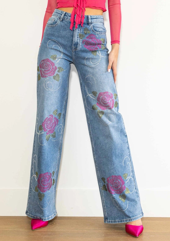 Rose Rhinestone Wide Jeans-Jeans-Vibrant M.i.U-1-Medium Stone-Urbanheer