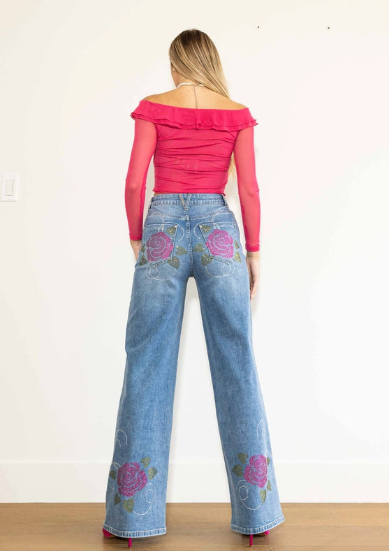 Rose Rhinestone Wide Jeans