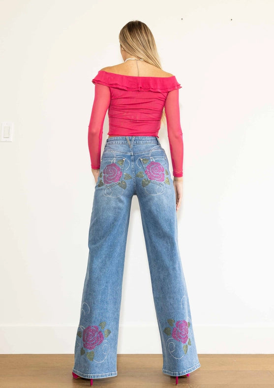 Rose Rhinestone Wide Jeans-Jeans-Vibrant M.i.U-1-Medium Stone-Urbanheer