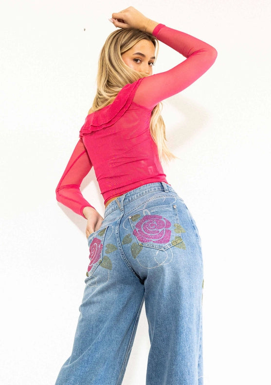 Rose Rhinestone Wide Jeans-Jeans-Vibrant M.i.U-1-Medium Stone-Urbanheer