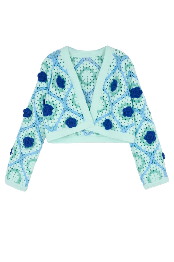 Rosette Crochet Cardigan Blue Multi-Cardigan-SAACHI-One Size-Blue Multi-Urbanheer