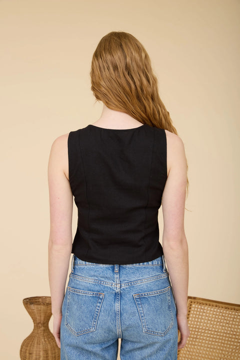 Round Neck Button Cover Detail Linen Vest Top - Black