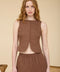 Round Neck Button Cover Detail Linen Vest Top - Brown
