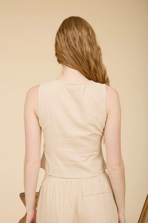 Round Neck Button Cover Detail Linen Vest Top - Khaki