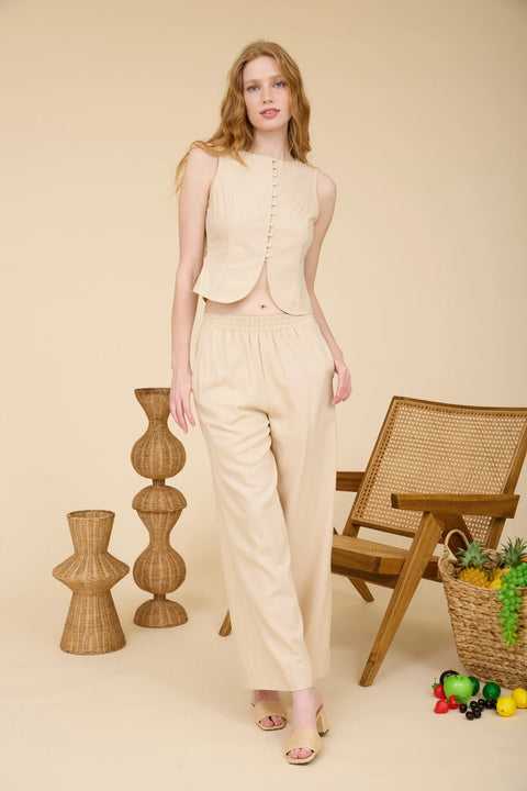 Round Neck Button Cover Detail Linen Vest Top - Khaki