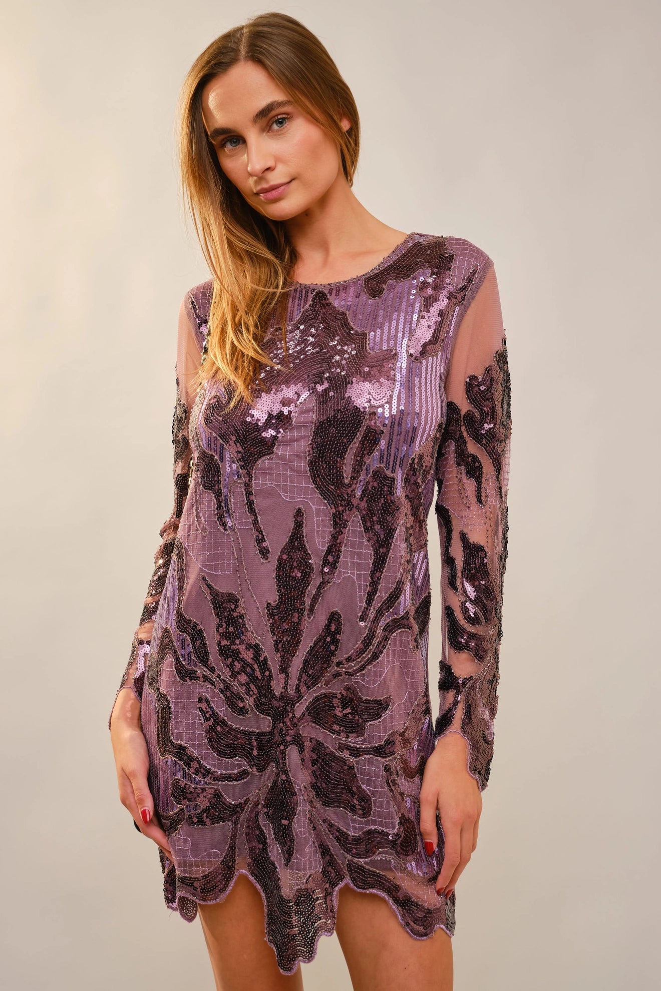 Round Neck Scallop Hem Sequin Mini Dress