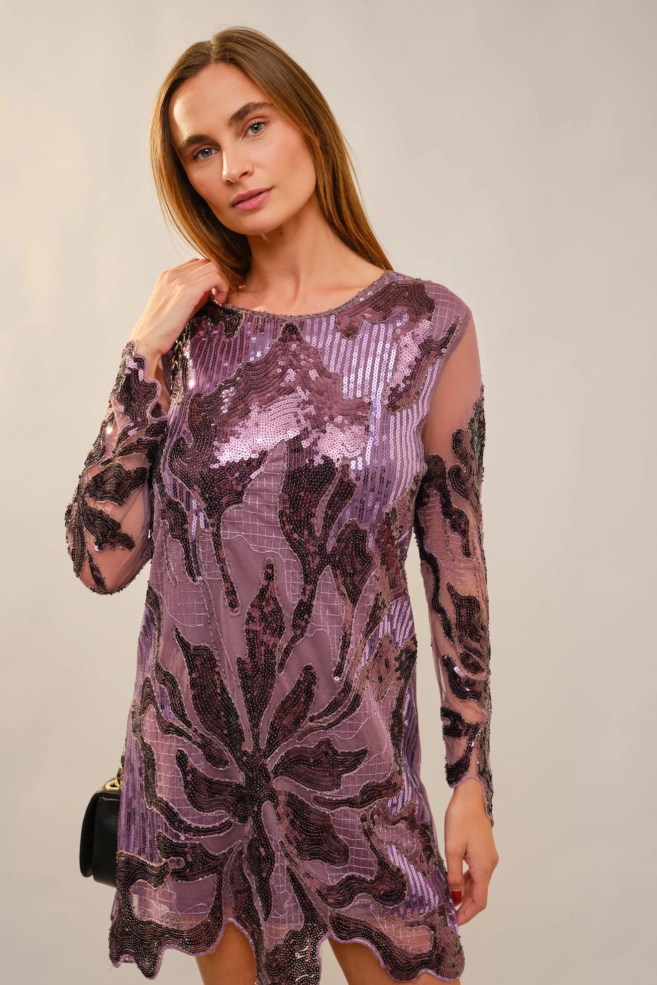 Round Neck Scallop Hem Sequin Mini Dress