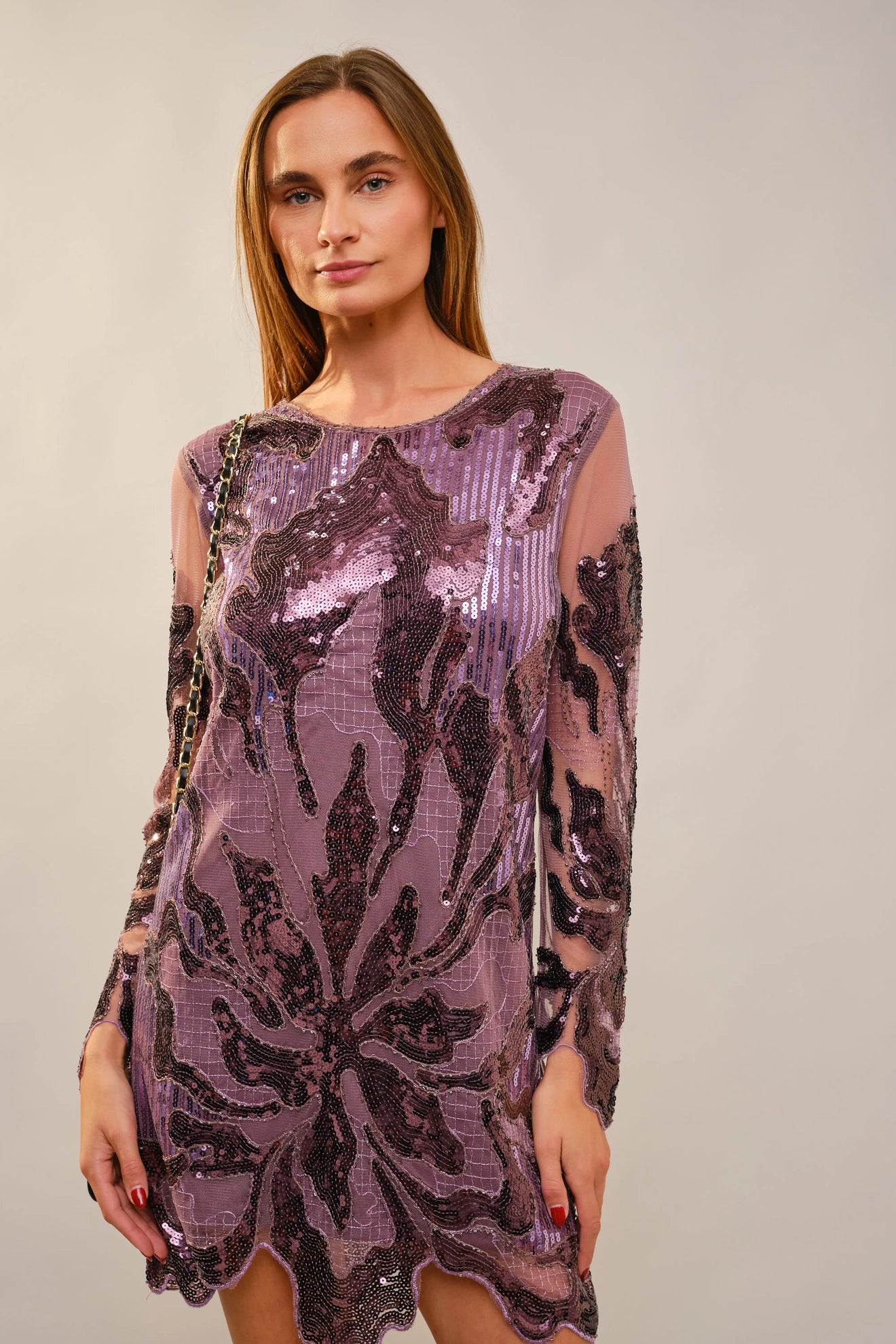 Round Neck Scallop Hem Sequin Mini Dress