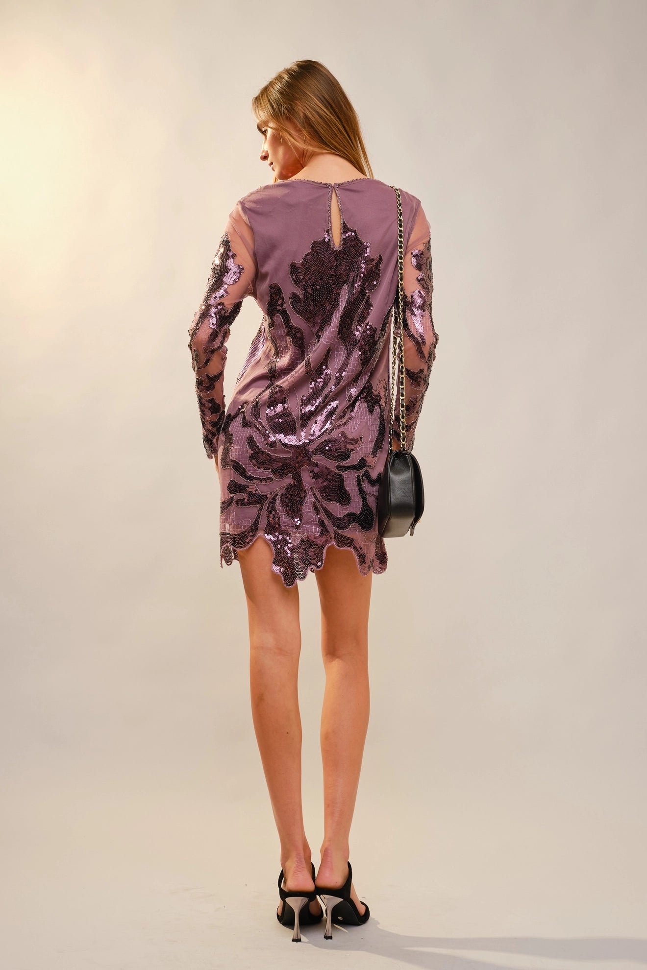 Round Neck Scallop Hem Sequin Mini Dress