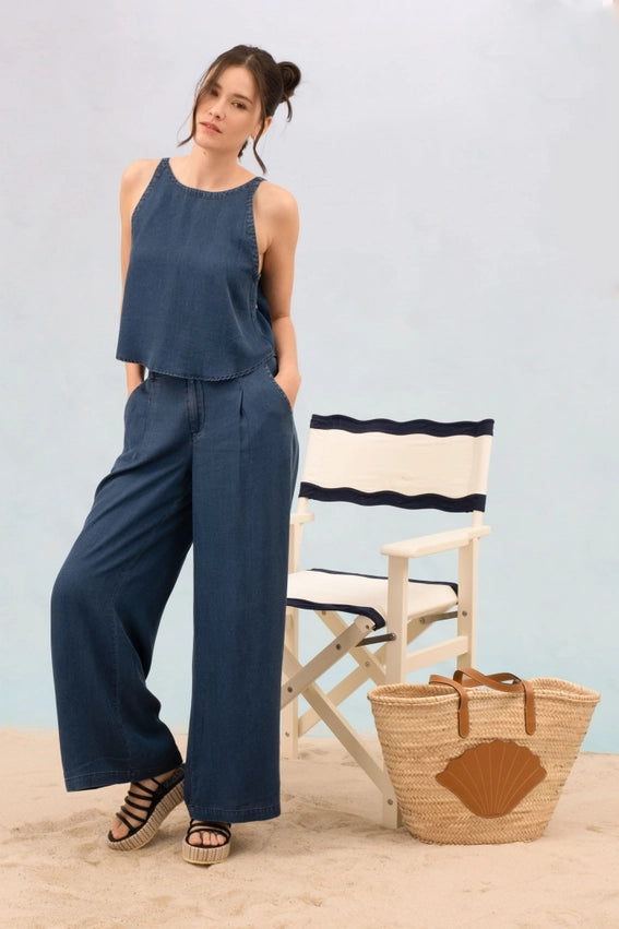 Round Neck Sleeveless Back Self Tie Chambray Top-TOP-Blu Pepper-S-CHAMBRAY-Urbanheer