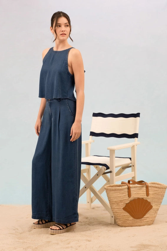 Round Neck Sleeveless Back Self Tie Chambray Top-TOP-Blu Pepper-S-CHAMBRAY-Urbanheer