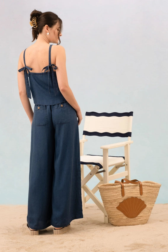 Round Neck Sleeveless Back Self Tie Chambray Top-TOP-Blu Pepper-S-CHAMBRAY-Urbanheer