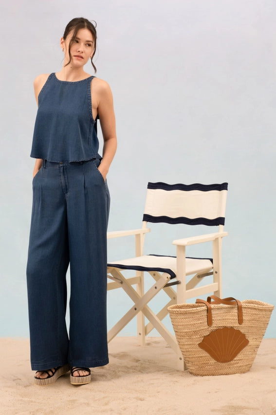 Round Neck Sleeveless Back Self Tie Chambray Top-TOP-Blu Pepper-S-CHAMBRAY-Urbanheer